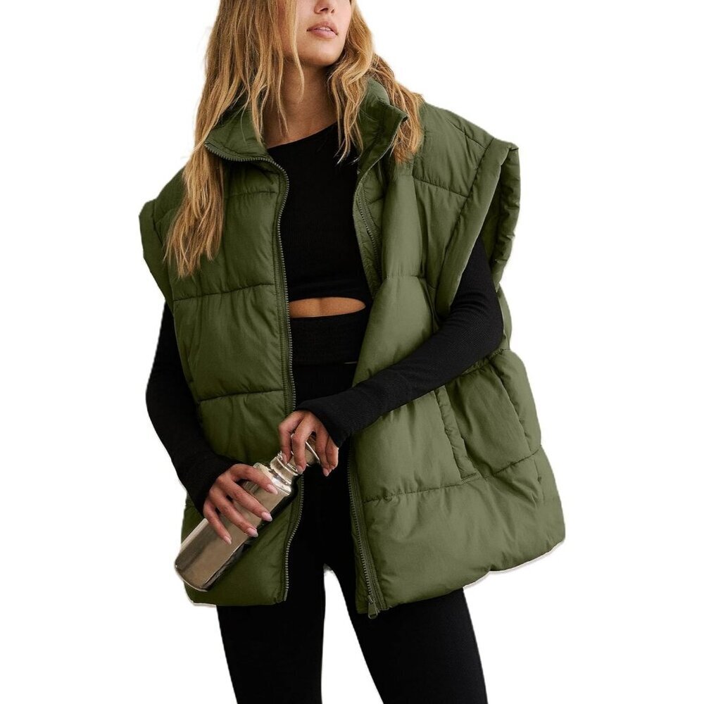 Women's Green Winter Puffer Vest Quilted Lightweight Stand Collar Sleeveless